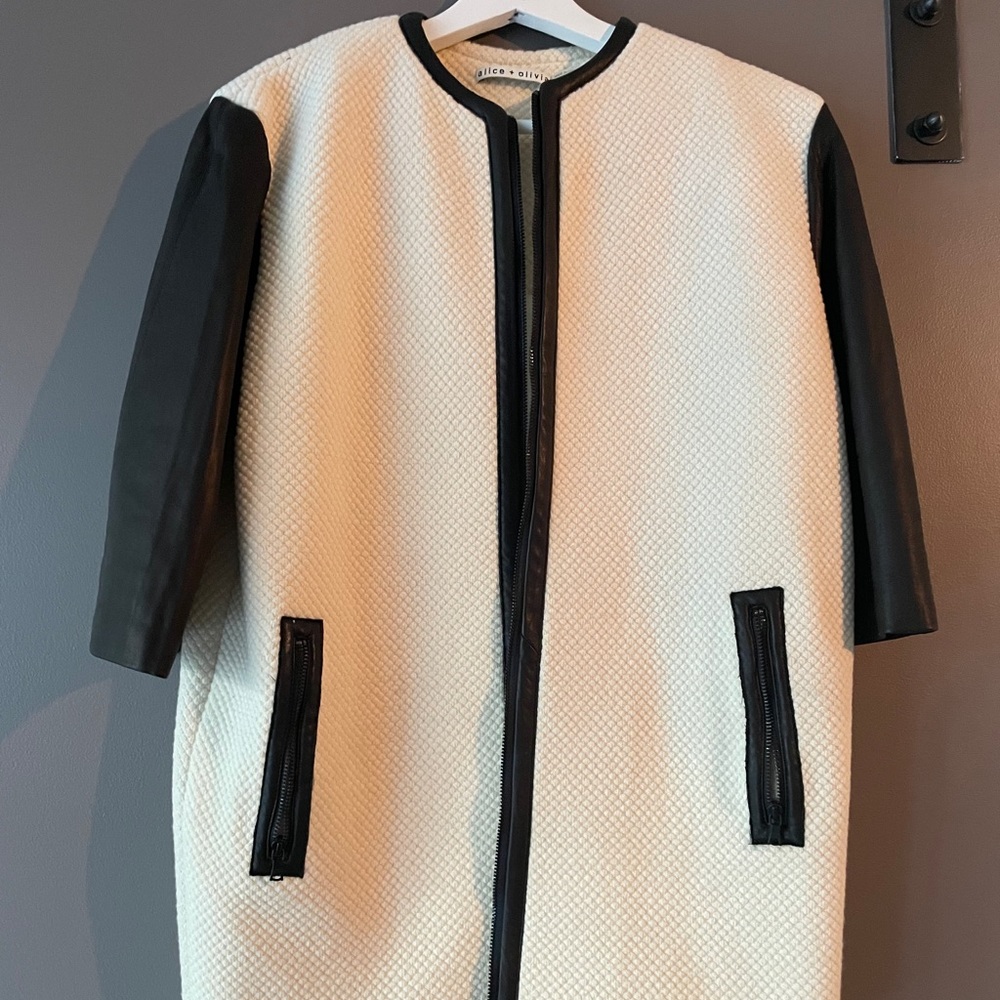 Alice+Olivia white coat with leather details